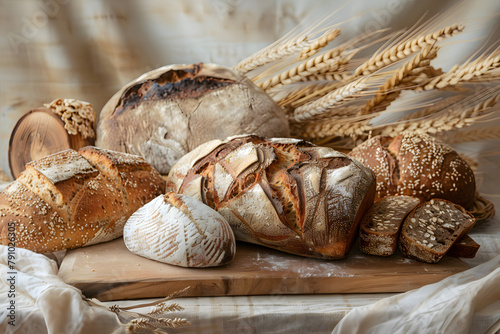 A selection of artisanal breads, including sourdough and rye, displayed on a cutting board, against a rustic golden wheat background, celebrating the art of baking