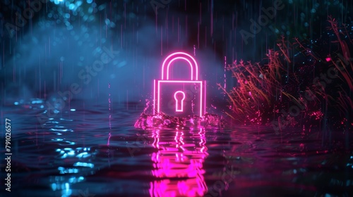   A neon lock hovers above reflective water, surrounded by lush green grass dotted with raindrops