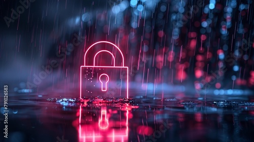   A padlock in the rain, glowing red from its center light, surrounded by water droplets