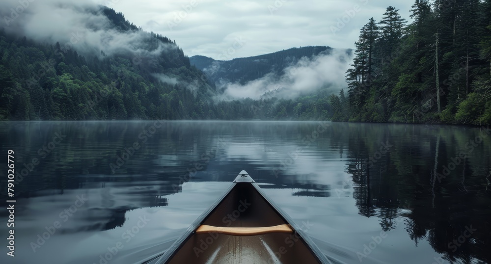   A canoe sits in the middle of the serene lake, surrounded by towering mountains in the backdrop, and adorned with fluffy clouds in the azure sky overhead - obrazy, fototapety, plakaty 