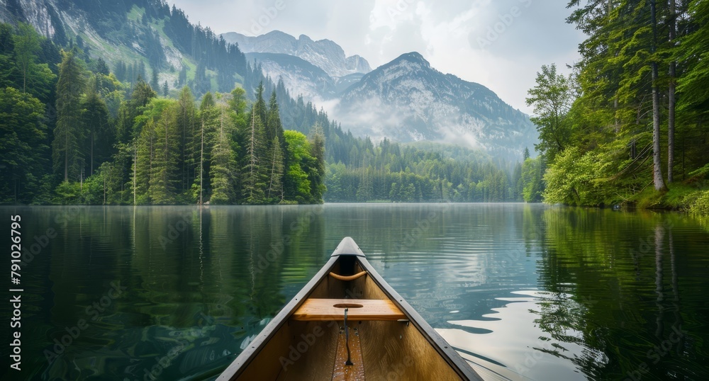   A canoe sits in the middle of the serene lake, surrounded by lush trees in the foreground In the distance, majestic mountains form an impressive backdrop