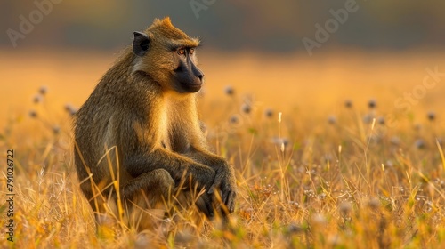   A baboon seated amidst a field of tall grass, hazy sky behind
