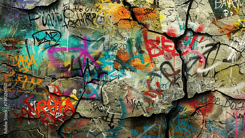 An abstract vision of urban life, where the distressed texture of cracked concrete serves as the foundation for a vibrant collage of graffiti tags