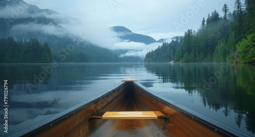  A boat in the midst of a body of water, mountains towering behind, fog enshrouding the air