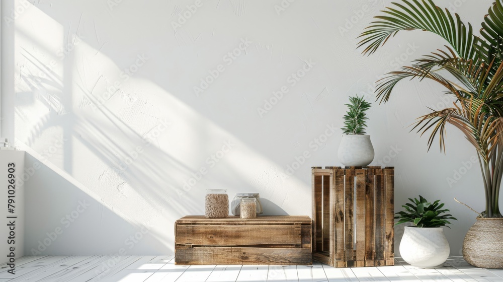 Rustic wooden crate podium in a clean, white space, ideal for organic product displays. Rustic wooden crate podium in a clean, white space, ideal for organic product displays.