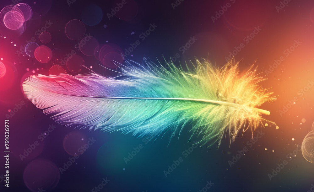   A tight shot of a vibrant feather against a blurred backdrop, illuminated by a halo of lights in the distance