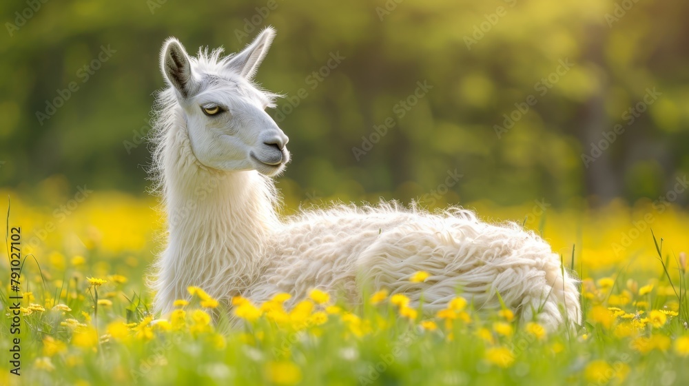 Fototapeta premium A tight shot of a llama reclining in a lush grassy expanse dotted with yellow blossoms