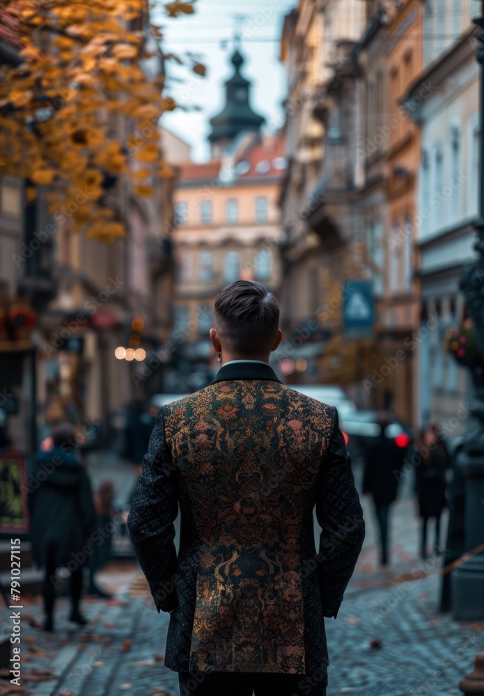   A man in a floral-patterned jacket stands in a city street