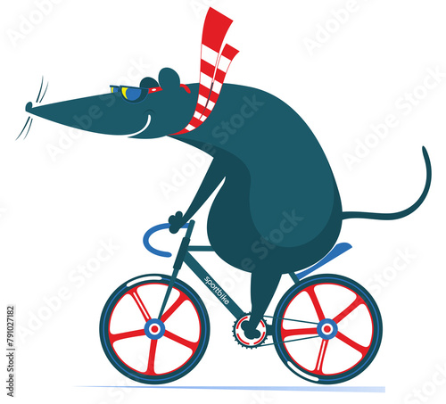Cycling. Cute rat or mouse rides a bicycle.
Cartoon cute rat or mouse rides a bicycle. Isolated on white background 
