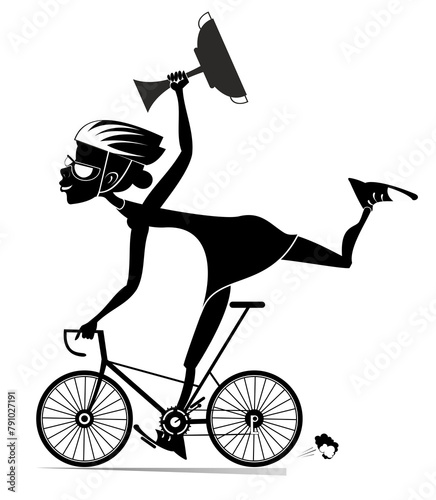 Cartoon woman rides a bike and wins the race. 
Smiling woman in helmet rides a bike and finishes with a winner cup in the hand. Black and white illustration
