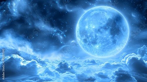   A vast blue moon dominates the cloud-filled sky, adorned with stars and clouds in the foreground The moon stands prominently in the center above photo