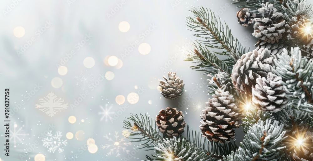 A tight shot of pine cones on a pine tree, blanketed by snowflakes Background softly lit with holiday lights A tight shot of pine cones on a pine tree, blanketed by snowflakes Background softly lit with holiday lights