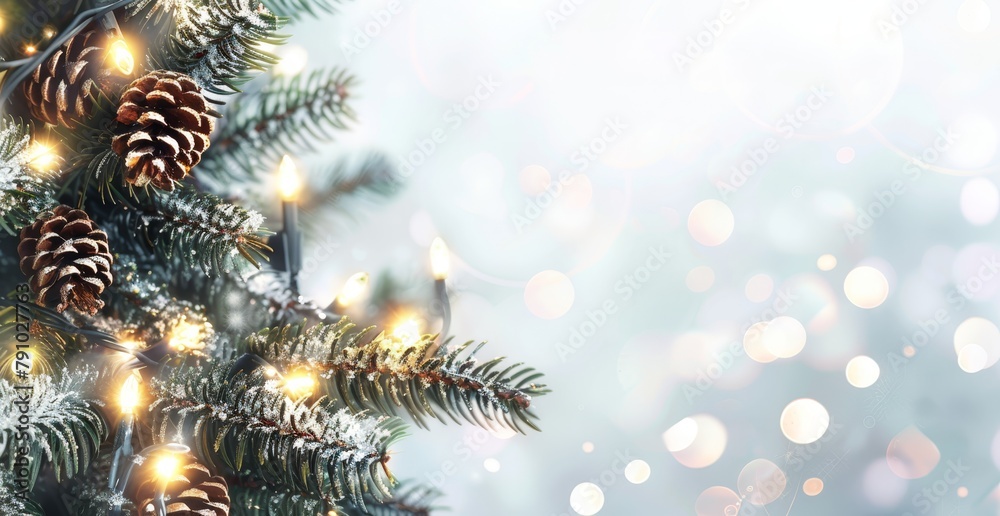 A tight shot of a pinecone on a Christmas tree against a backdrop of a basket filled with twinkling lights A tight shot of a pinecone on a Christmas tree against a backdrop of a basket filled with twinkling lights