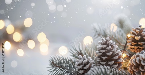  A tight shot of a pine cone on a pine tree against a backdrop of twinkling lights