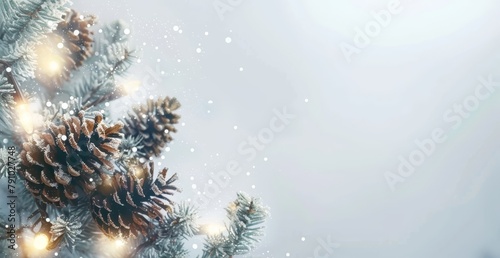   A near view of a pine tree heavily coated in snow, adorned with numerous lights © Jevjenijs