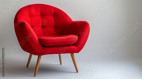   A red chair with wooden legs and a buttoned back faces a blank white wall in an unoccupied space photo