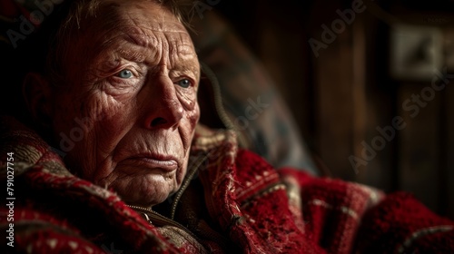  A tight shot of someone in a red coat gazing intently into the camera with a grave expression
