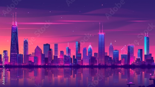   City skyline with pink and purple sunset behind tall foreground skyscrapers