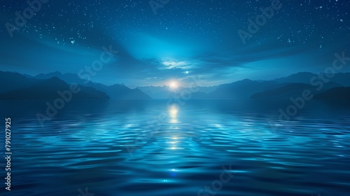  A vast water body, encircled by mountains, lies under a starlit sky, culminating in a distant, radiant beacon