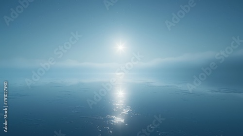   A large expanse of water with a radiant sun at its zenith over the ocean