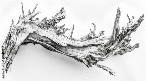  A black-and-white image of a wood split in two, resembling driftwood