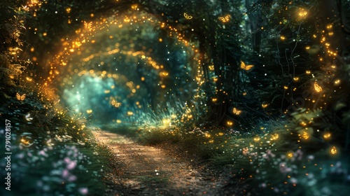  A path through the forest, bordered by a tunnel of fireflies illuminating its route
