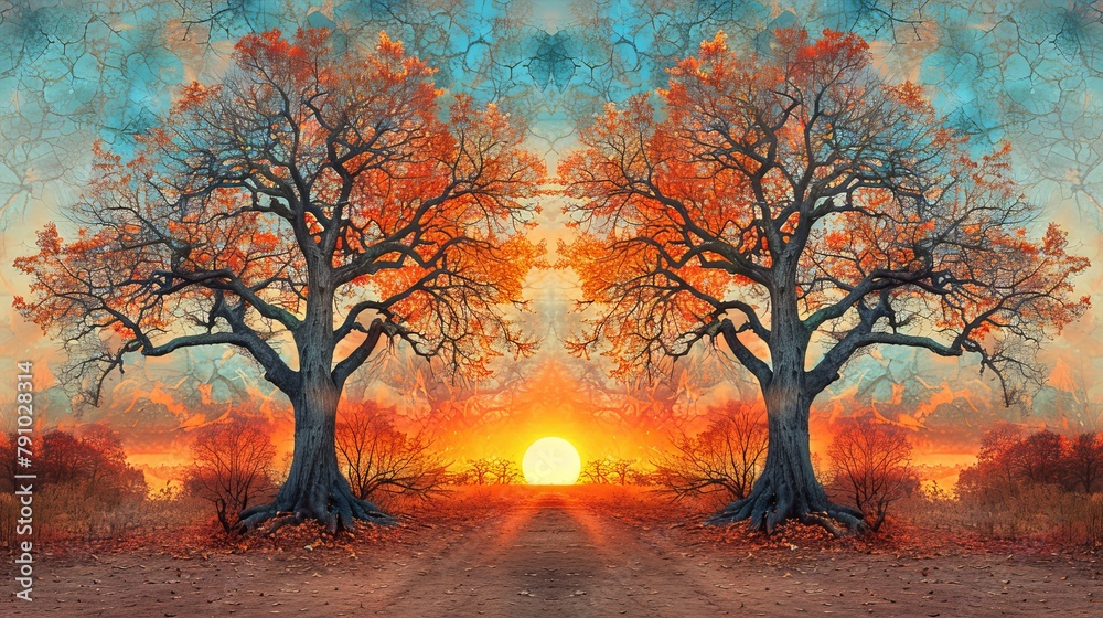   A painting of two trees flanking a dirt road, sun setting in the distance behind them