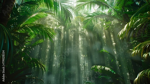   A verdant forest teeming with tall palms  bathed in sunlight through cascading sunbeams and radiant light filtering through their leaves