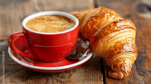   A tight shot of a steaming cup of coffee and a croissant on a saucer against a weathered wooden table