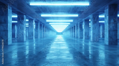   A long hallway in a building features columns One column holds a solitary  blue light at its end