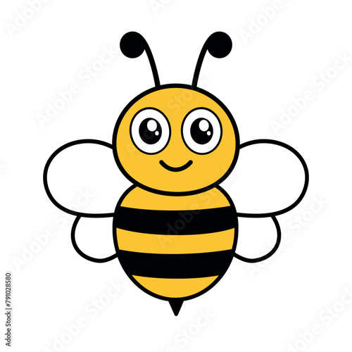 Cute bee character. Happy cartoon bumblebee. Vector illustration isolated on white.