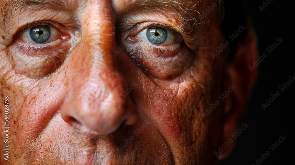 A tight shot of a man's freckled face, gaze fixed on the camera A tight shot of a man's freckled face, gaze fixed on the camera