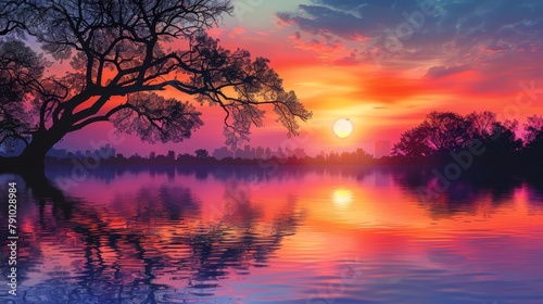  A sunset painting with a tree in the foreground and a body of water reflecting its vibrant hues