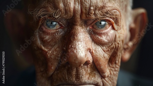  A tight shot of an elderly man's creased face, prominent with wrinkles in the upper region