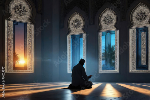 Minimalist Islamic backdrop with silhouette Muslims praying in the mosque near the window.