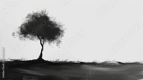   A monochrome image of a solitary tree in an open field against a backdrop of a pristine white sky