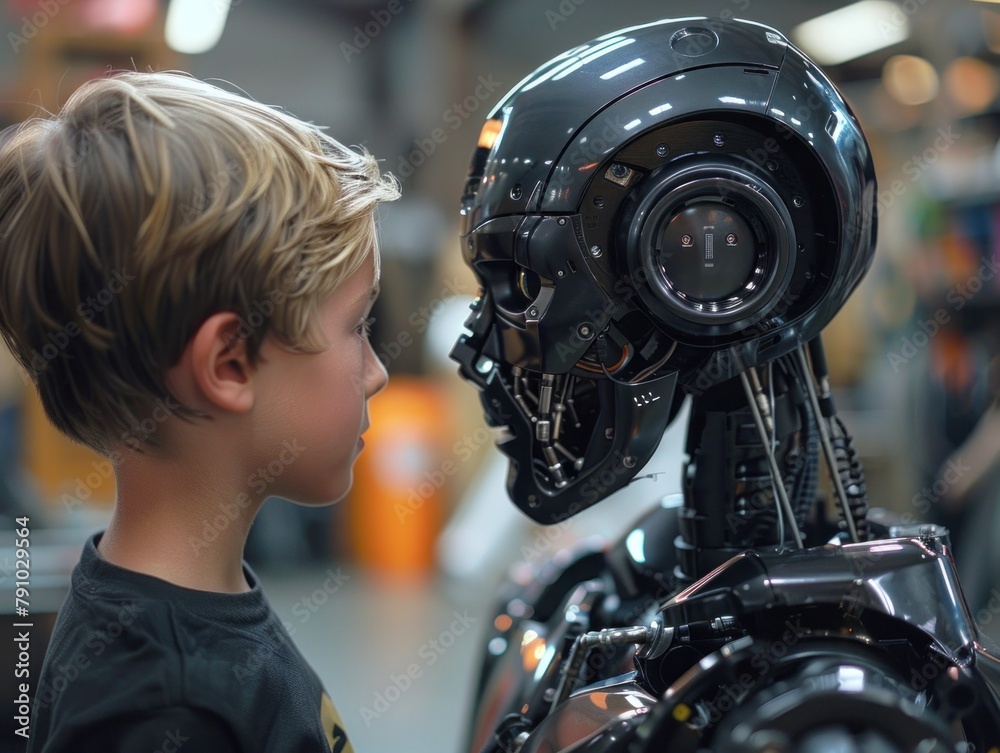 A young boy intensely observes a functioning robot in a technology exhibition. A young boy intensely observes a functioning robot in a technology exhibition.