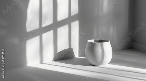   A white vase sits on a windowsill  casting a shadow