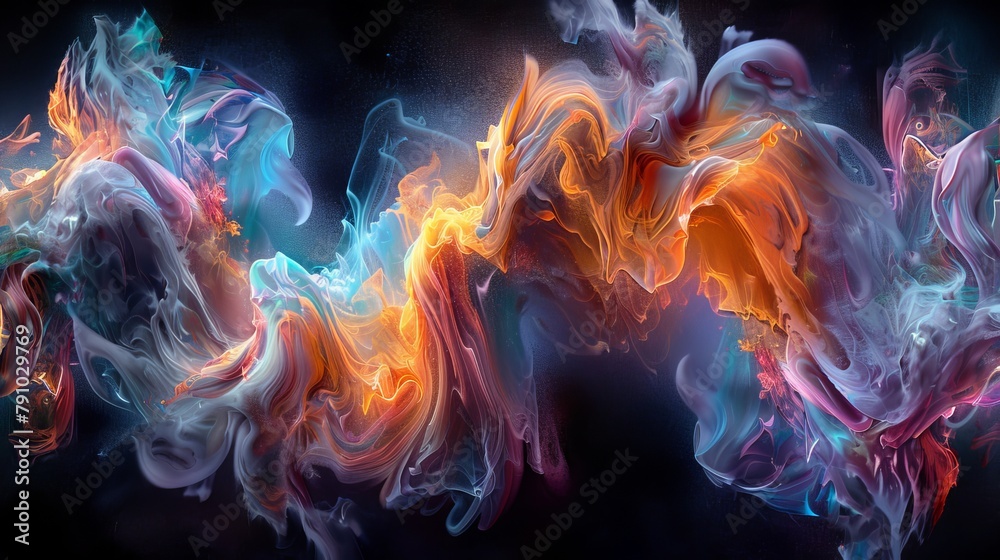   A depiction of an artwork with the appearance of copious colored smoke emanating from it