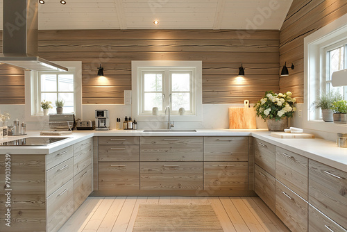 Scandinavian minimalist kitchen in Sweden with integrated appliances, earth tone palette, evening light, and wood textures, promoting calm and simplicity.