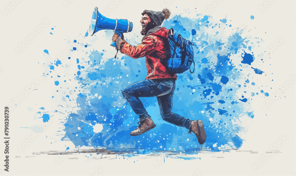 Line drawing of man jumping with megaphone, simple line art illustration Line drawing of man jumping with megaphone, simple line art illustration
