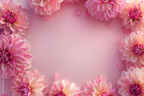 Flower frame of Magenta dahlias on a rosy pink background  Soft Spring Background with Copy Space