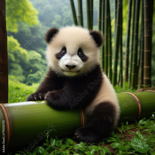 cute panda with bamboo