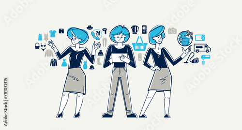 Online shopping and discount vector outline illustration, store workers team managing goods or customers have a big choice and enjoying cheap prices, advisers and consultants.
