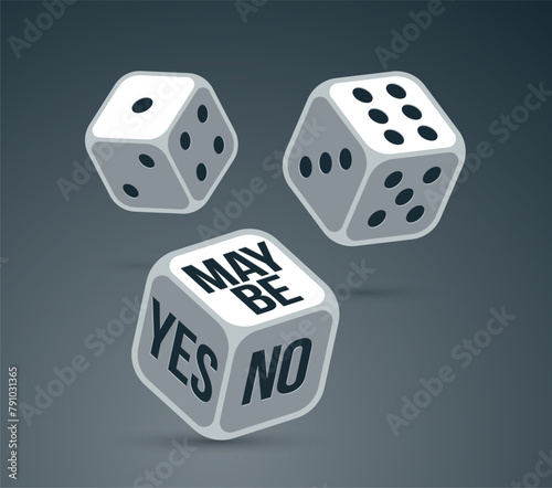 Yes or no or maybe dice rolling chance vector illustration, make a decision and say concept, undecided question idea.
