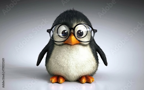 Cute little penguin with thick spectacles, clean background photo