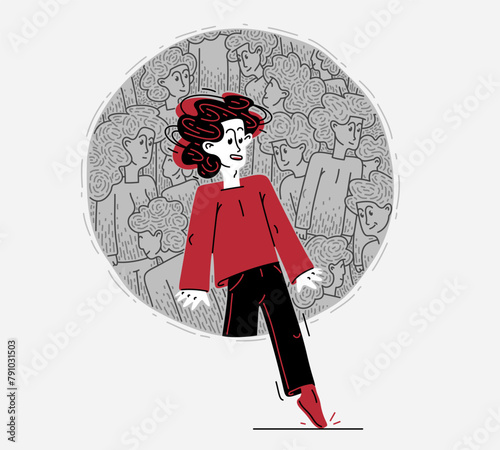 A person takes a step out of a comfort zone of social relations, vector illustration of marginality or personal development.