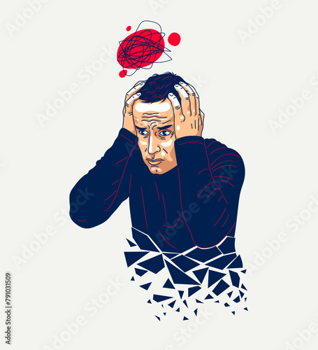 Young man feeling stressed and uncomfortable, vector illustration of a person having mental disorder panic and anxiety, psychological problems.