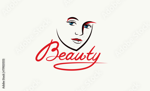 Emblem for a beauty studio or cosmetology clinic or cosmetics brand, vector illustration of a beauty woman face with Beauty work handwritten lettering, classic style logo.