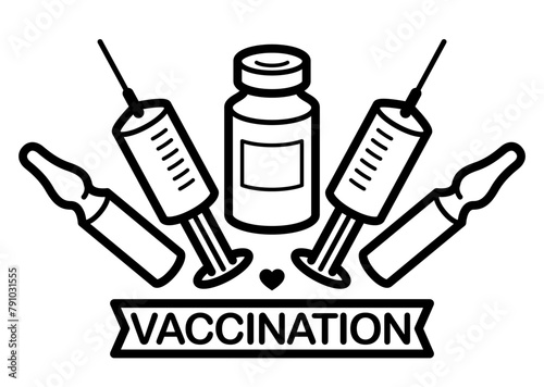 Vaccination theme vector illustration of a syringe with ampules and vial isolated over white, epidemic or pandemic coronavirus covid 19 or flu or SARS or any other vaccine, pharmacology concept.